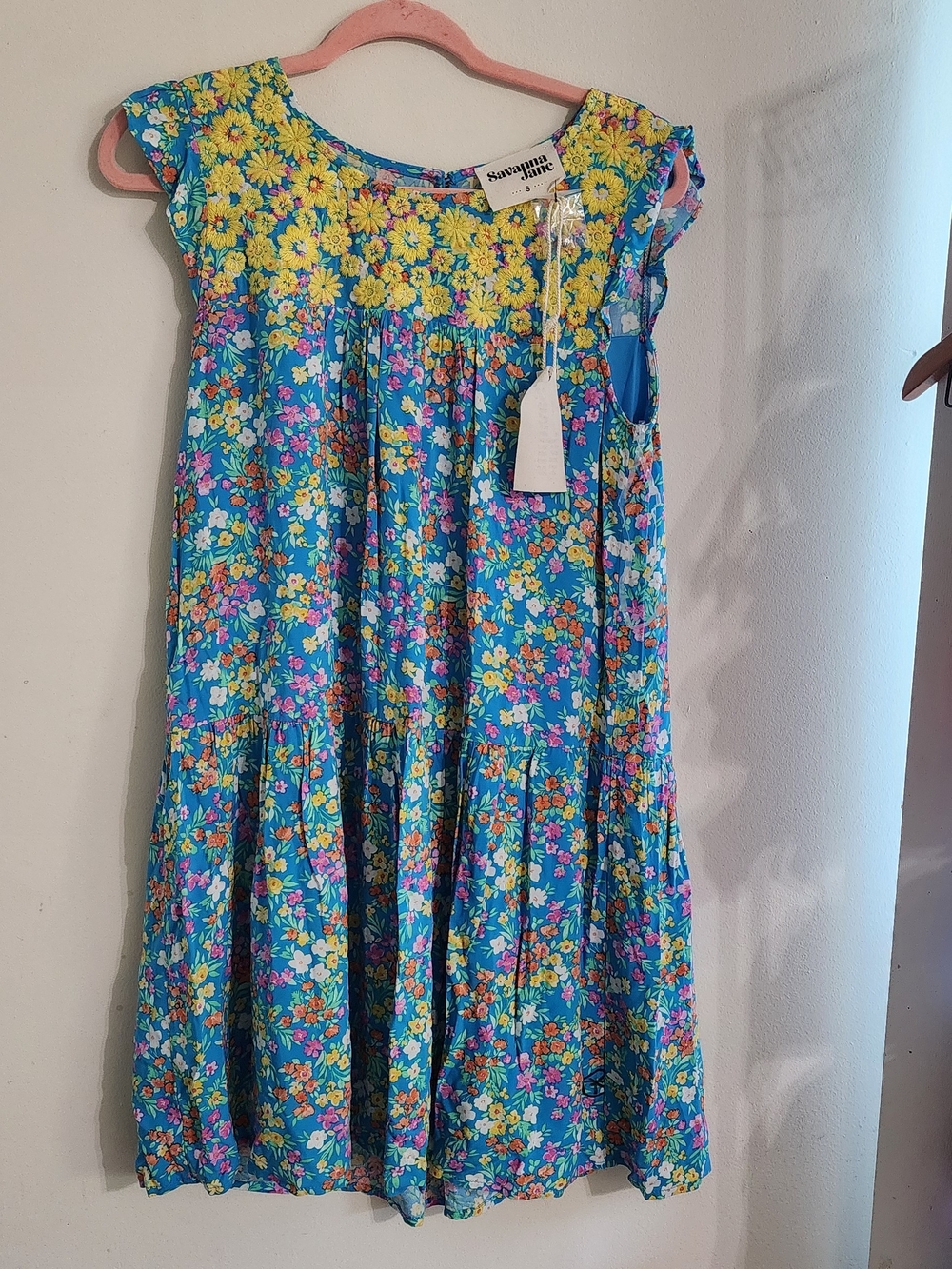 Savanna Jane Blue Floral Dress with Yellow Smocked Yoke
